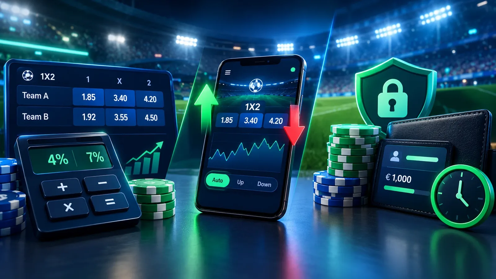 Quote 1X2 di due squadre con calcolatrice che confronta un margine del 4% e del 7%, smartphone con quote in movimento e portafoglio con saldo di 1.000 € protetto da uno scudo